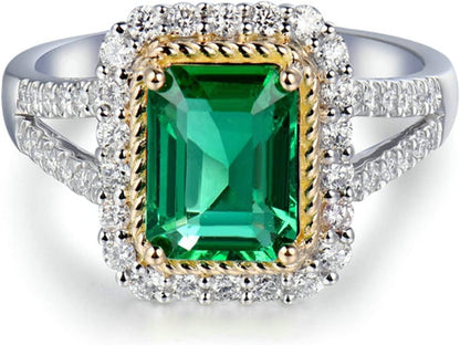 Aienid 18K Women's Wedding Ring Band White Gold 2ct Emerald Cut Emerald with 0.6ct Diamond Anniversary Ring for Girls