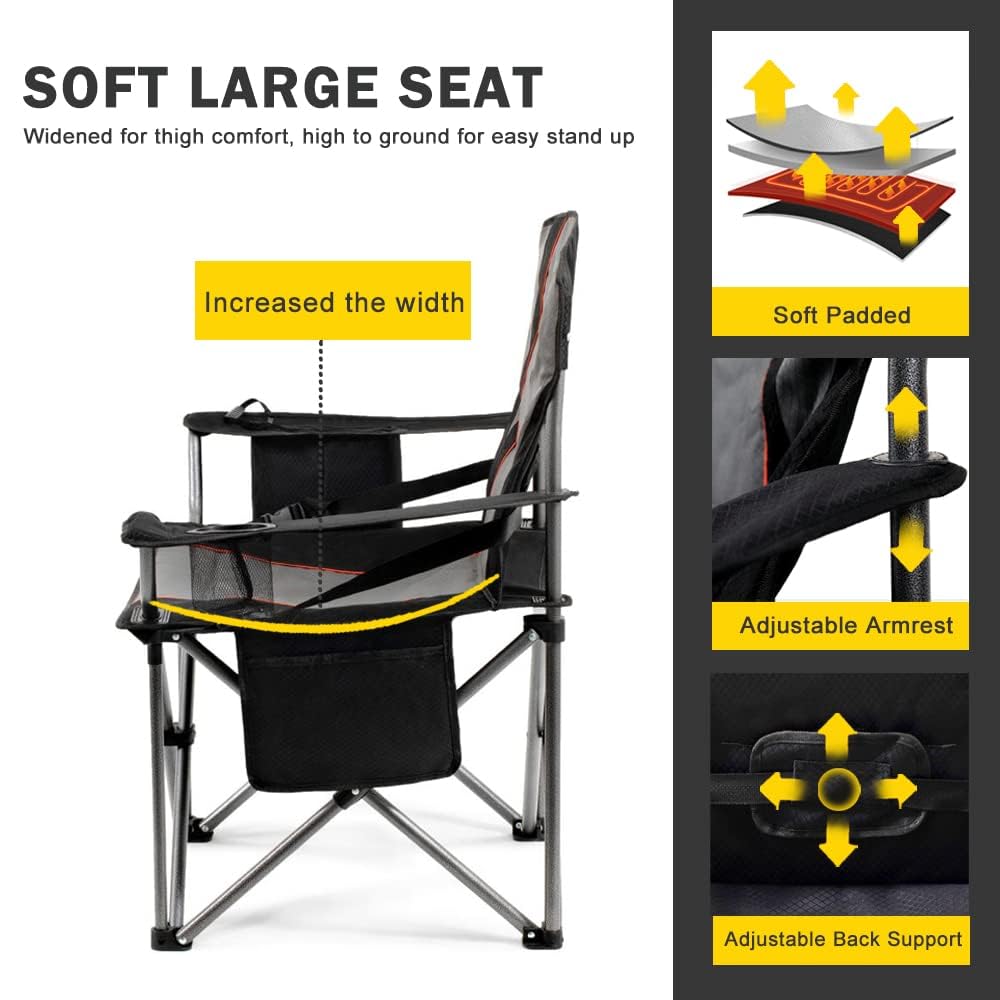 FAIR WIND Padded Camping Chair 500LBS Capacity Heavy Duty Oversized Folding Chair for Heavy People Portable Lawn Chair with Adjustable Lumbar Support, Cooler Bag & Cup Holder for Outdoor, Beach