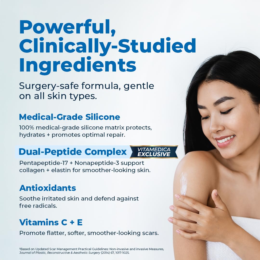 VitaMedica Scar Gel + Peptides - Medical Grade Silicone Scar Gel for Old & New Scars, Acne, Surgical, Burn & Keloid, Helps Reduce Redness & Itching, Face & Body, 1 oz