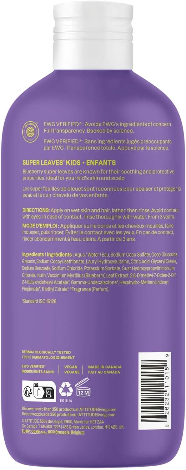 ATTITUDE Shampoo und Duschgel für Kinder, Hergestellt in Kanada, EWG Verifizierter Haar- und Körperreiniger, Dermatologisch Getestete Seife, Pflanzliche und Mineralische Badeprodukte, Vegan, Vanille & Birne, 473 mL