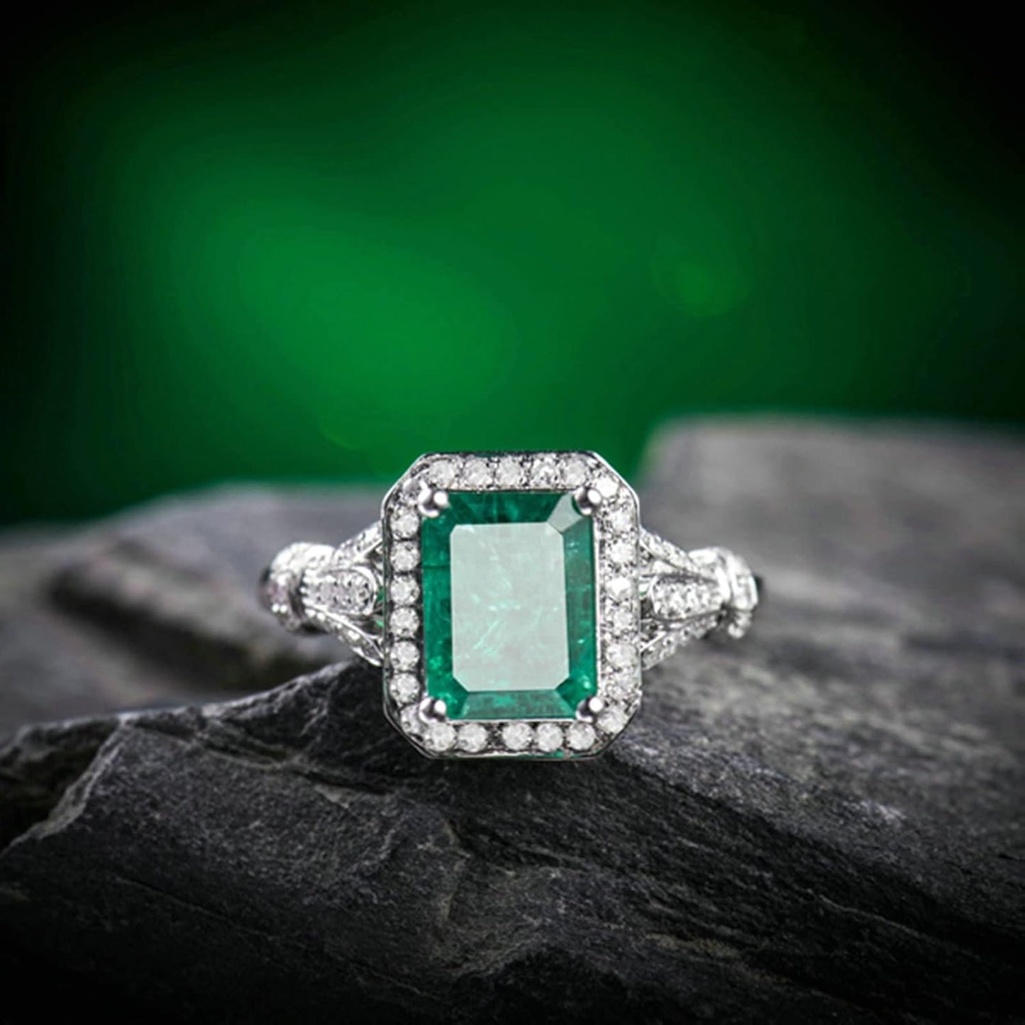 Aienid 18K Couple Wedding Bands White Gold 1.85ct Emerald Cut Emerald with 0.3ct Diamond Promise Ring for Girls
