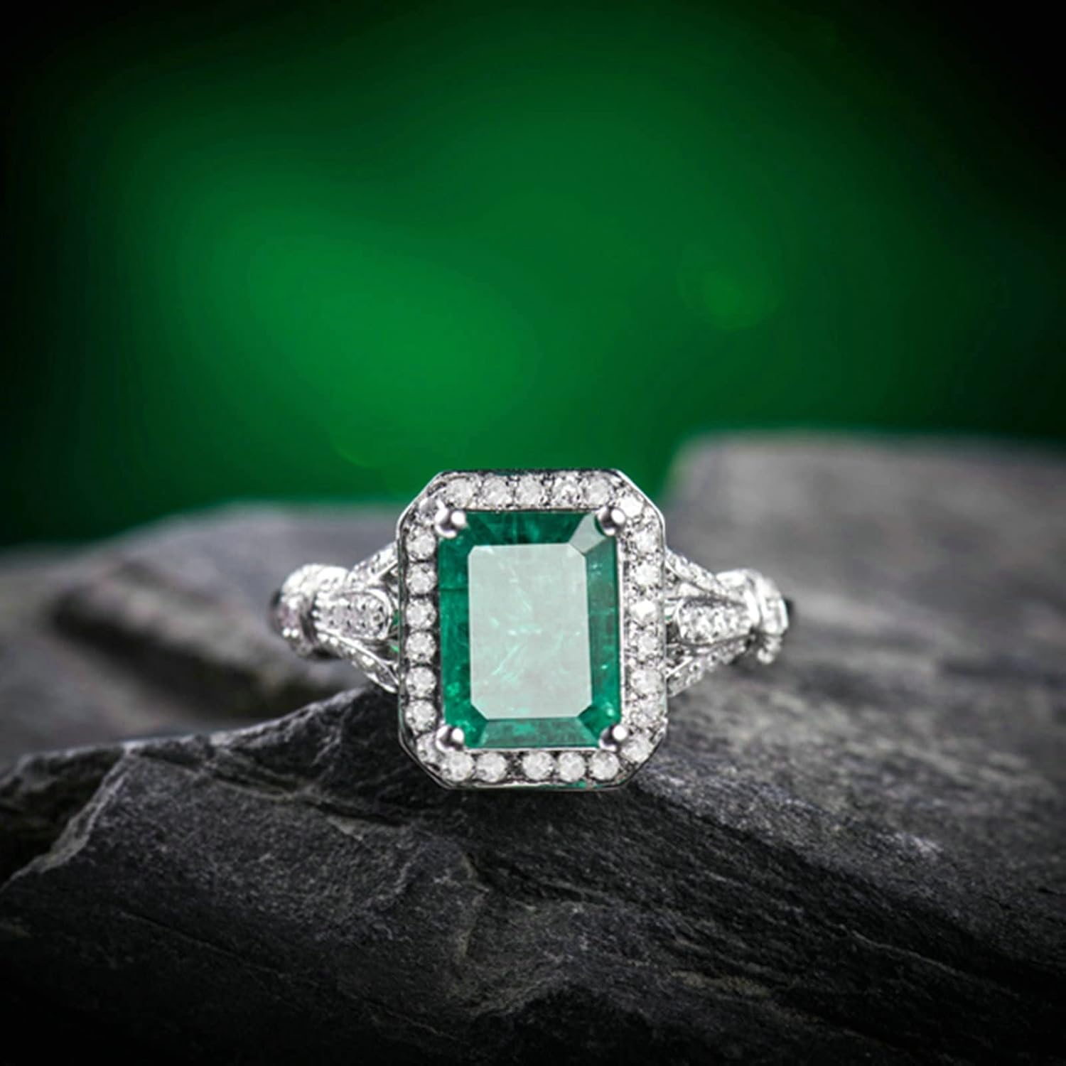 Aienid 18K Couple Wedding Bands White Gold 1.85ct Emerald Cut Emerald with 0.3ct Diamond Promise Ring for Girls