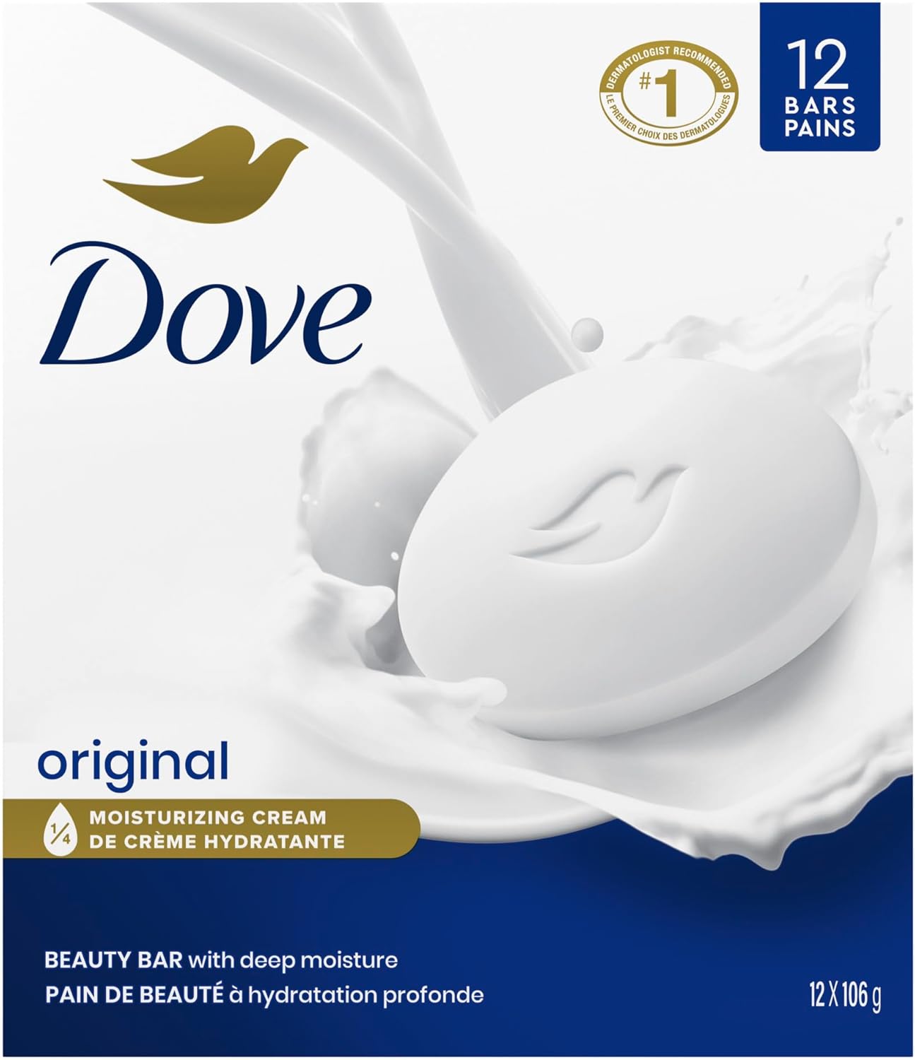 Dove Beauty Bar Sanfte Hautreinigung Feuchtigkeitsspendend für zarte weiche Hautpflege Original Hergestellt mit 1/4 Feuchtigkeitscreme, 106 g, 12 Stück