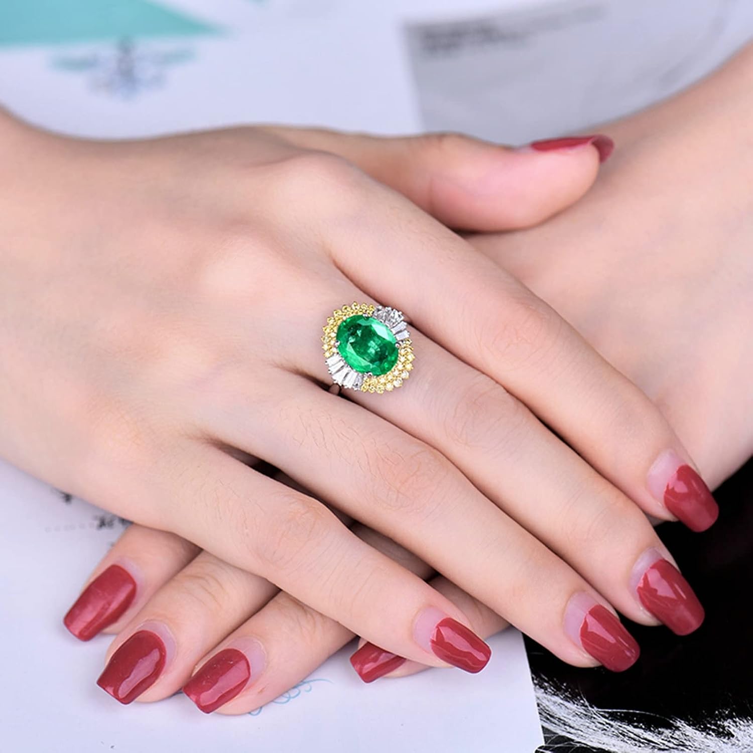 18K White Gold Ring 2.66ct Oval Shape Emerald with 0.74ct Diamond Engagement Rings for Girls