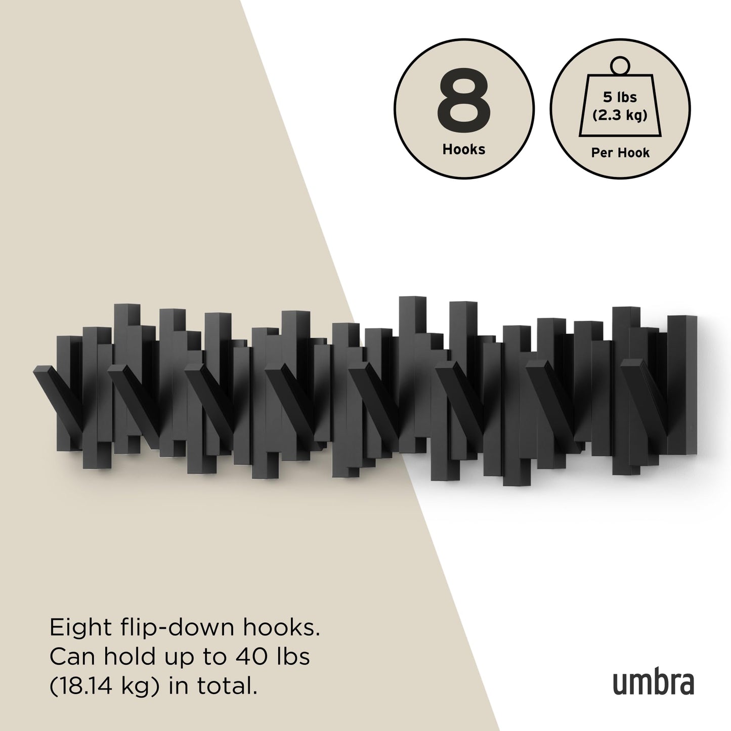 Umbra Sticks Wall-Mounted Coat Rack Rail Hook with 5 Retractable Pegs – Modern, Space-Saving Storage Organizer, Black