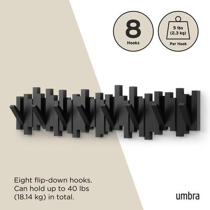 Umbra Sticks Wall-Mounted Coat Rack Rail Hook with 5 Retractable Pegs – Modern, Space-Saving Storage Organizer, Black