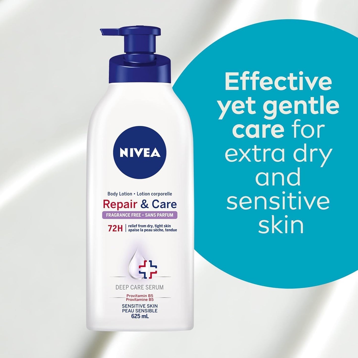 NIVEA Repair & Care Ungeduftete Body Lotion | Lang anhaltend | 72H Feuchtigkeit | Für trockene, gespannte und empfindliche Haut | Parfümfreie tägliche Feuchtigkeitspflege | Zieht schnell ein | 625ml Pumpflasche