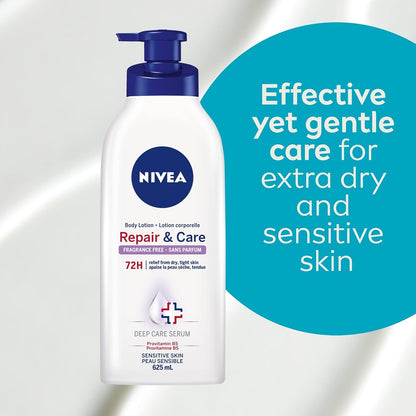 NIVEA Repair & Care Ungeduftete Body Lotion | Lang anhaltend | 72H Feuchtigkeit | Für trockene, gespannte und empfindliche Haut | Parfümfreie tägliche Feuchtigkeitspflege | Zieht schnell ein | 625ml Pumpflasche