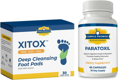 Simple Promise Daily Reset Bundle – Supports Relaxation & Gut Health – Xitox Foot Pads & Paratoxil Capsules for Nighttime Routine & Gut Support – 30 Pads & 60 Capsules