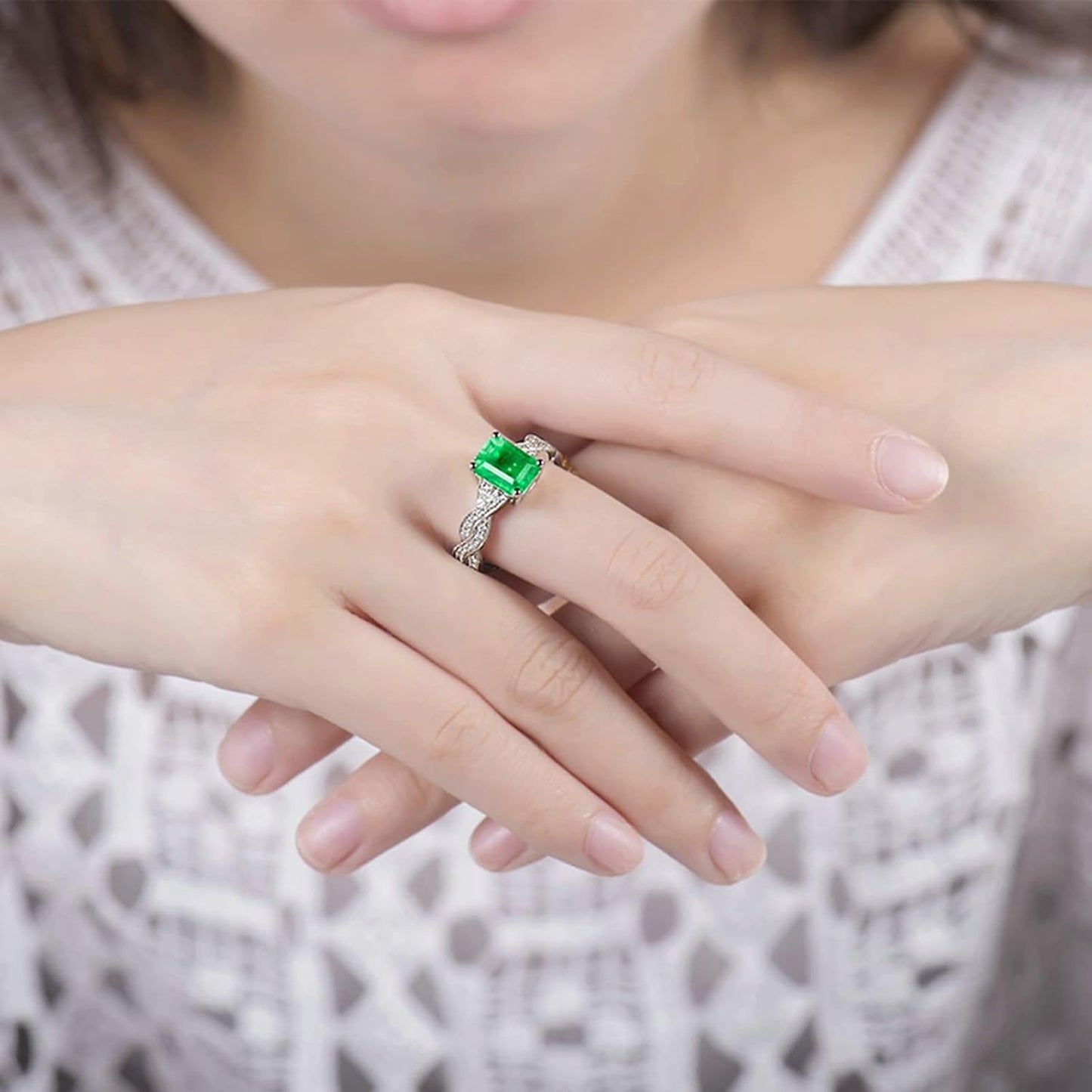 18K White Gold Ring 1.38ct Rectangular Shape Emerald with 0.29ct Diamond Promise Ring for Girls