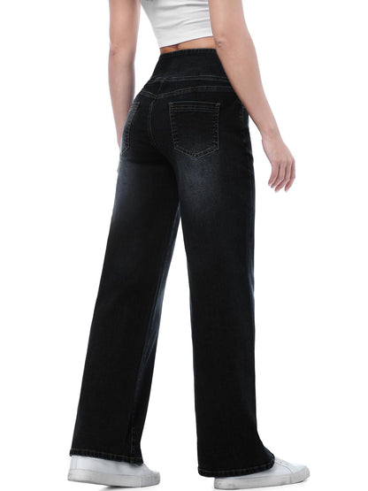 Chasehot Damen Jeans, Weites Bein, zum Reinschlüpfen, High Waist, Stretchy, Baggy, Trendy, Bauchkontrolle, Gerades Bein, Denim, Dunkelindigo Waschung-L
