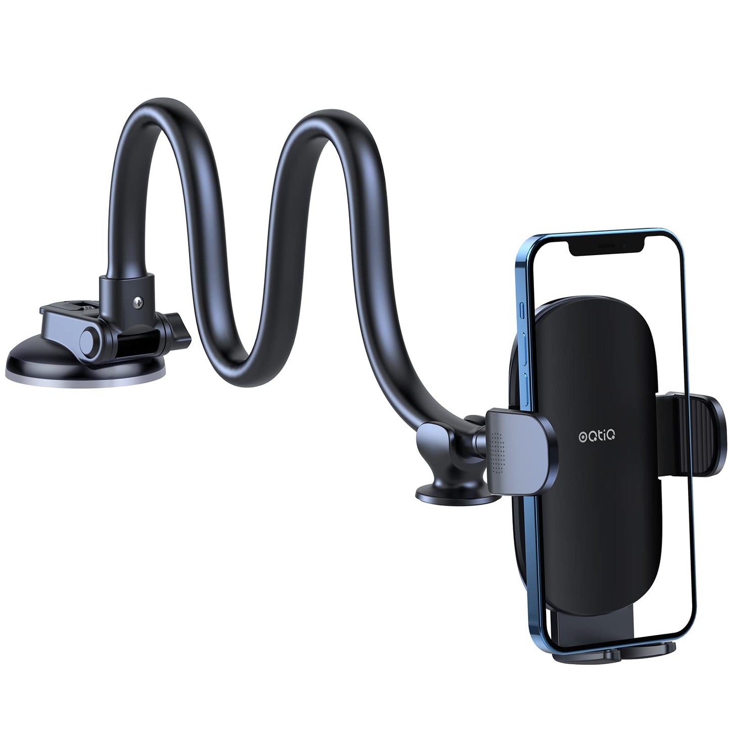 OQTIQ 13" Gooseneck Car Phone Mount – Windshield & Dashboard Holder with Strong Suction Cup, Anti-Shake Stabilizer, One-Button Release – Compatible with iPhone 17/16/15/14 and All Smartphones