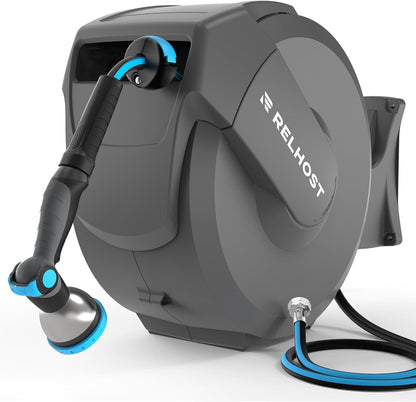 Relhost Retractable Garden Hose Reel, 1/2 in x 120 ft Wall Mount Heavy Duty Hose Reel with Any-Length Lock, Auto Rewind System, 180° Swivel Bracket, and 10-Pattern Nozzle for Garden, Dark Grey