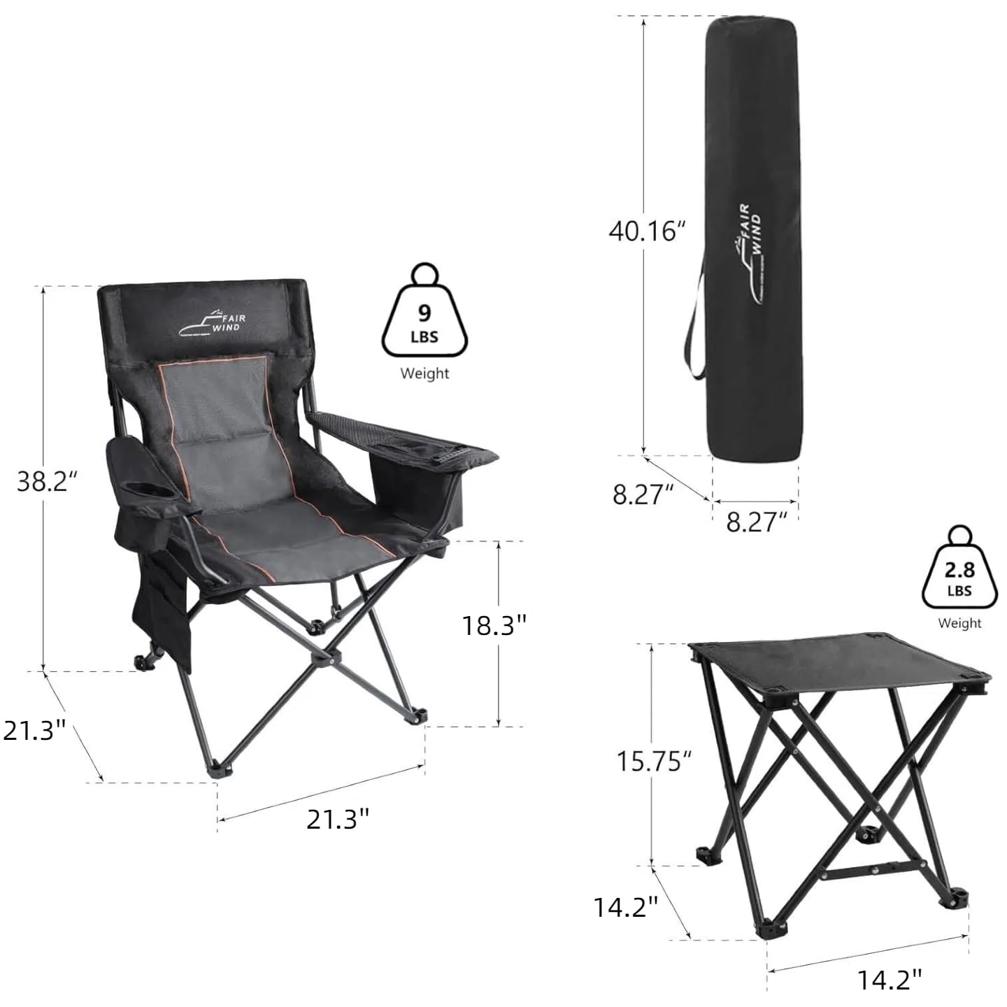 FAIR WIND Padded Camping Chair 500LBS Capacity Heavy Duty Oversized Folding Chair for Heavy People Portable Lawn Chair with Adjustable Lumbar Support, Cooler Bag & Cup Holder for Outdoor, Beach