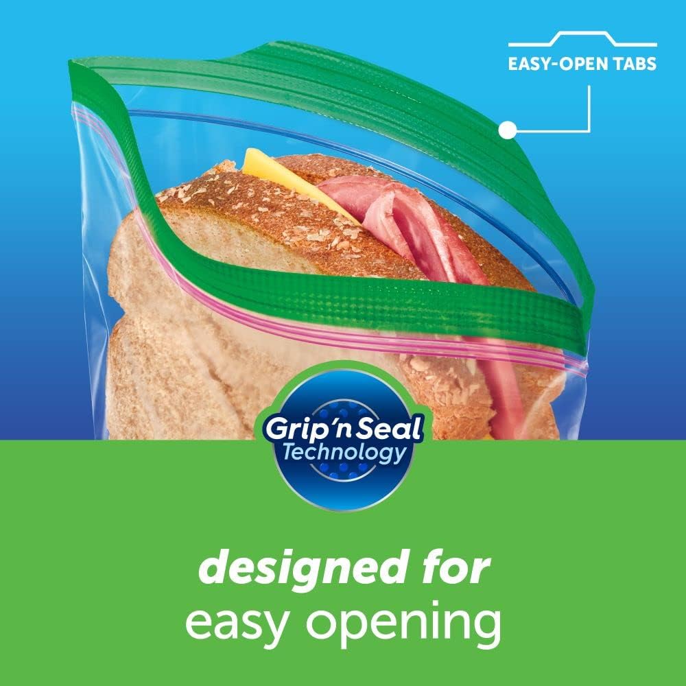 Bolsas Ziploc para sándwiches para frescura en movimiento, tecnología Grip 'n Seal para un agarre, apertura y cierre más fáciles, 90 unidades
