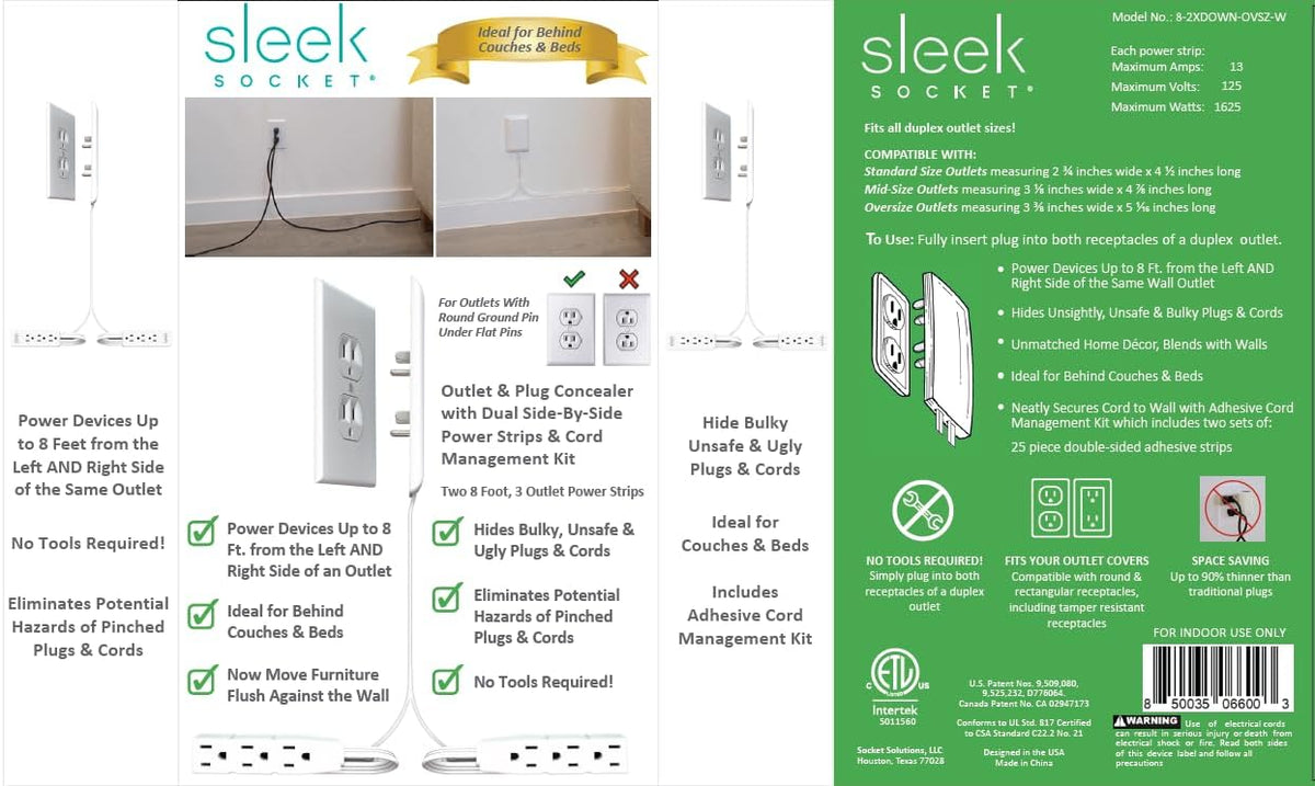 Sleek Socket Original & Patented Ultra-Thin Outlet Concealer with Cord Concealer Kit, 3-Foot Flat Extension Cord with 3 Outlets Power Strip, Safety Certified, Ideal for Kitchens and Behind Furniture