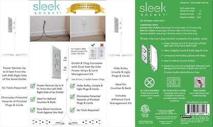 Sleek Socket Original & Patented Ultra-Thin Outlet Concealer with Cord Concealer Kit, 3-Foot Flat Extension Cord with 3 Outlets Power Strip, Safety Certified, Ideal for Kitchens and Behind Furniture