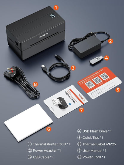 MUNBYN Bluetooth Thermodrucker für Versandetiketten, 130B Kabelloser 4x6 Etikettendrucker für kleine Unternehmen und Büros, kompatibel mit iPhone, Android, iPad, Windows, macOS, Canada Post, UPS, Purolator (Weiß)