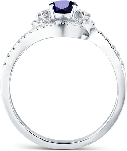 Aienid 18Ct White Gold Promise Ring Oval Cut Blue Sapphire with Diamond Engagement Ring for Her