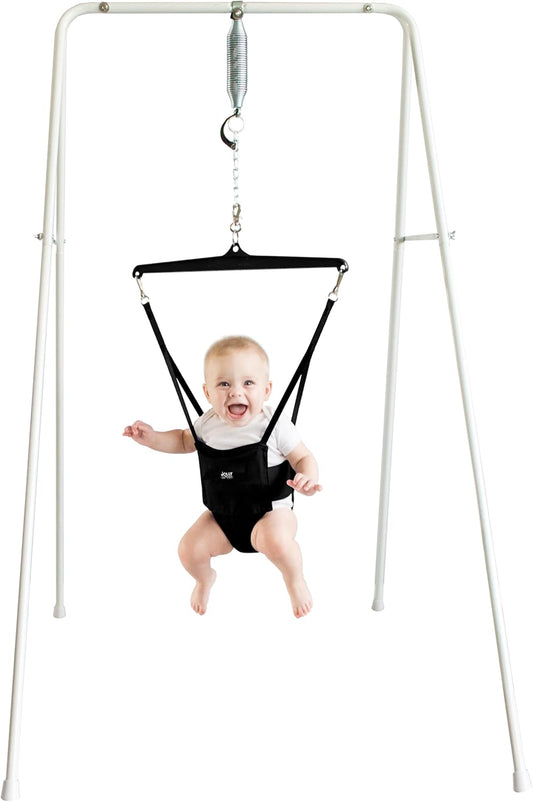 Jolly Jumper CLASSIC (Black) with Stand - ORIGINAL Baby Jumper, Indoor and Outdoor Exercise Saddle Seat, Adjustable Height, for Infants up to 28lbs
