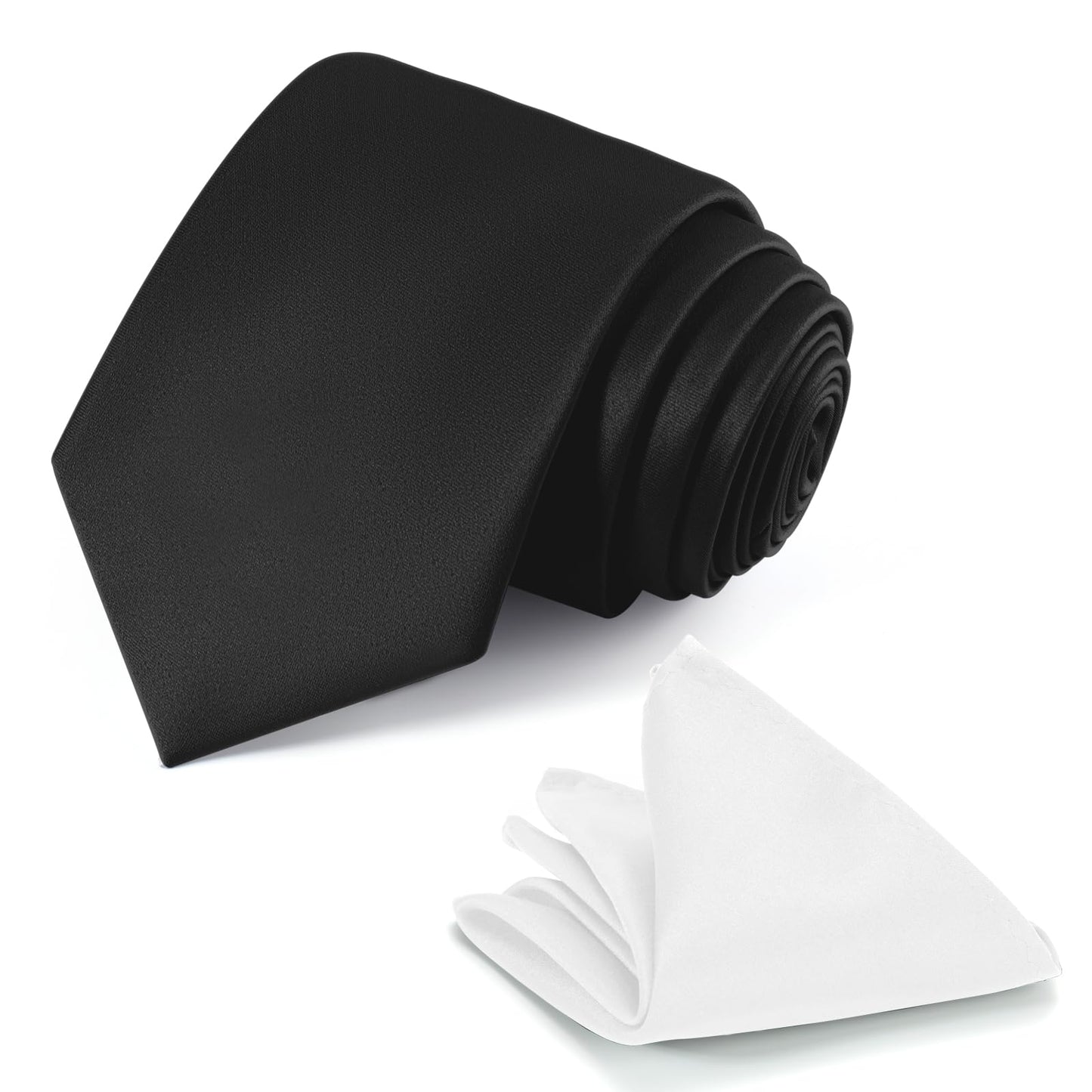 JUNMEISI Black Tie Set in Gift Box Mens Solid Color 3.15" (8CM) Black Necktie and Pocket Square Set