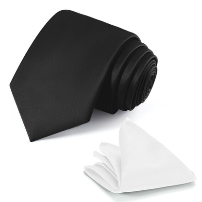 JUNMEISI Black Tie Set in Gift Box Mens Solid Color 3.15" (8CM) Black Necktie and Pocket Square Set