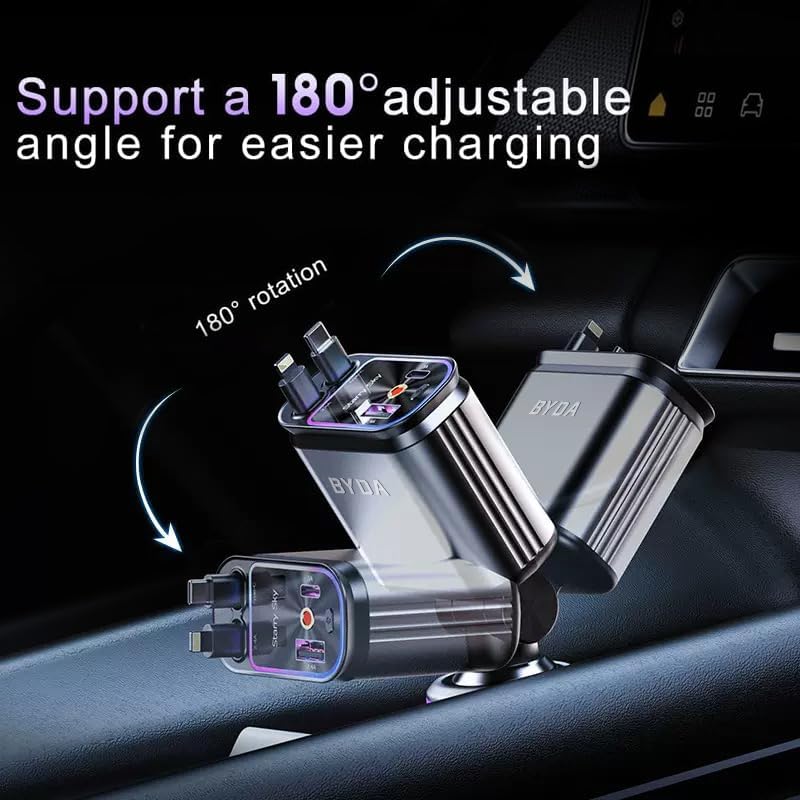 4-in-1 einziehbarer Auto-Ladegerät mit Sternenlicht, 69W USB-C Schnell-Ladegerät, für iPhone 17/16/15/14/13/12/11, Android, Pixel, Zigarettenanzünder-Ladegerät (Lightning+USB-C (Regular))