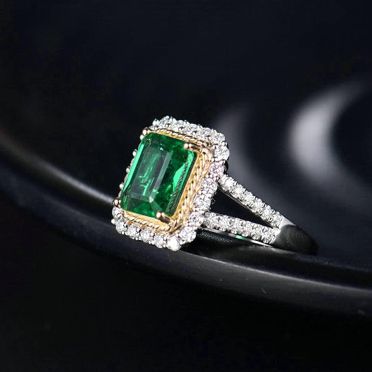 Aienid 18K Women's Wedding Ring Band White Gold 2ct Emerald Cut Emerald with 0.6ct Diamond Anniversary Ring for Girls