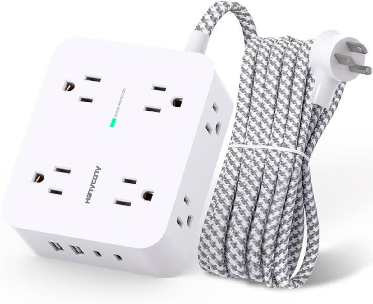 Surge Protector Power Bar - 8 Outlets 4 USB Charging Ports(2 USB C), Power Strip with 5Ft Braided Extension Cord, Flat Plug, Wall Mount Desk USB C Charging Station for Home Office College Essentials