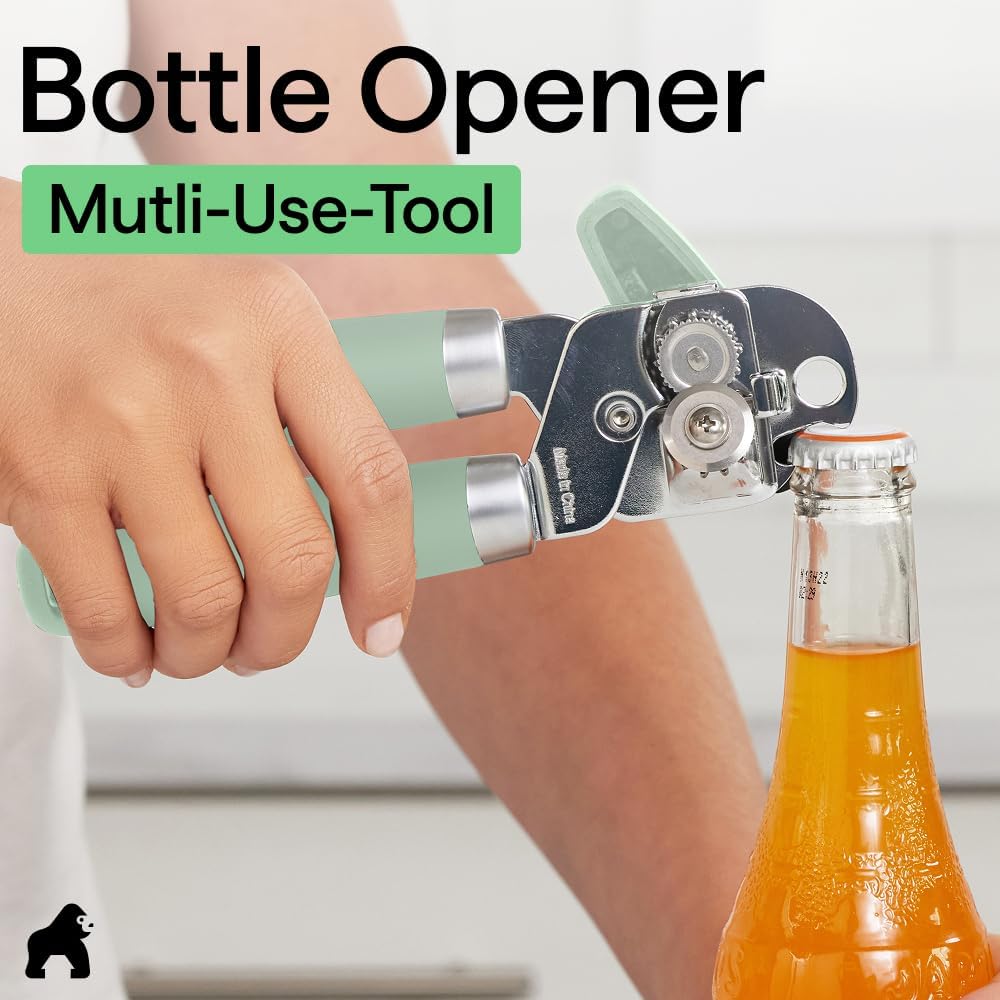 GORILLA GRIP Robuster manueller Dosenöffner, Flaschenöffner aus Edelstahl, öffnet Dosen mühelos, scharfe Klinge mit glattem Schnitt, leicht drehbarer Knopf für Senioren mit Arthritis, Küchenhelfer, Schwarz
