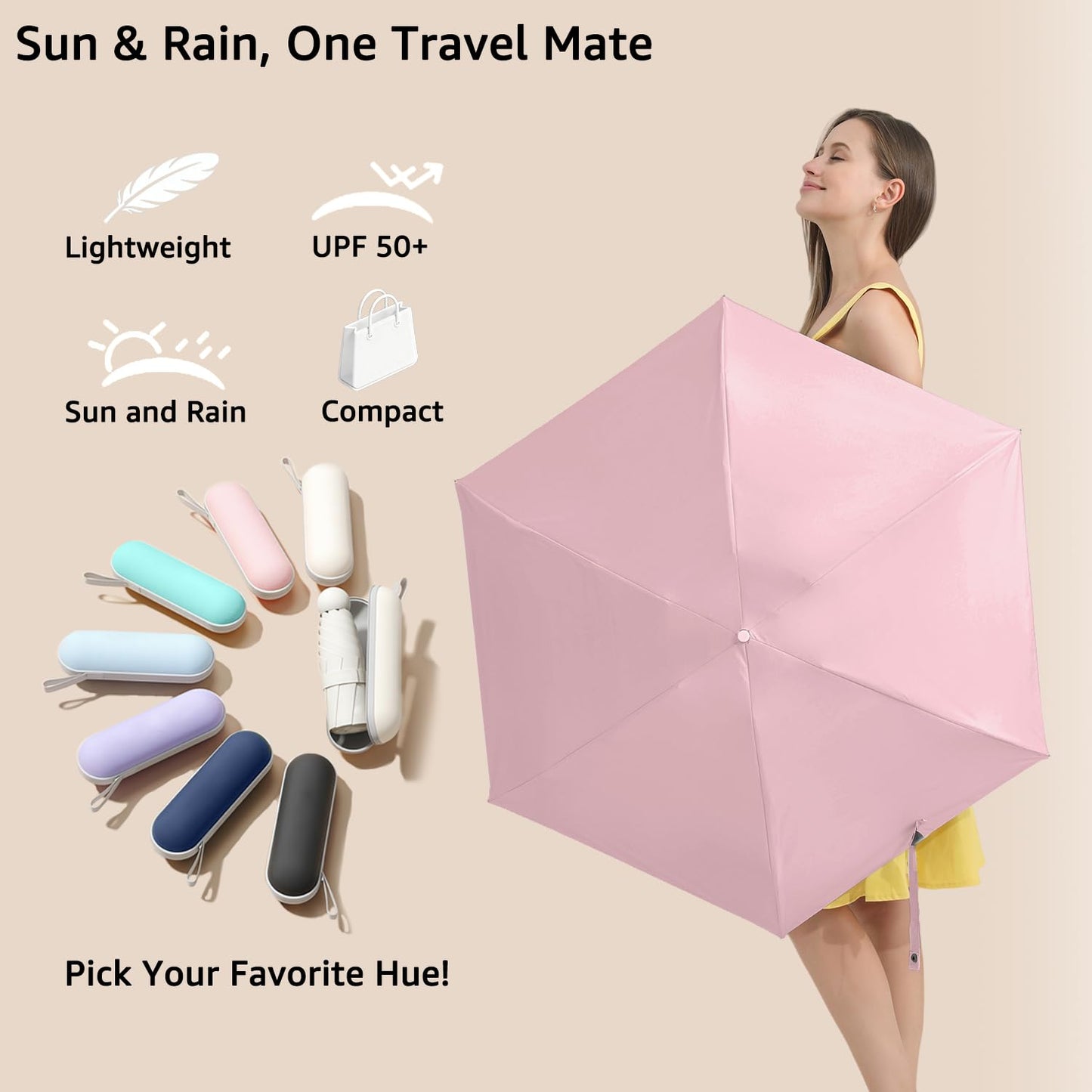 BAODINI Reiseutensilien Mini-Regenschirm für die Handtasche mit Etui Klein Kompakt UV-Sonnenschutz Leicht Winzig Tasche Manuelles Öffnen und Schließen Regenschirm für Damen, Kinder und Herren Passt in Handtasche Rucksack