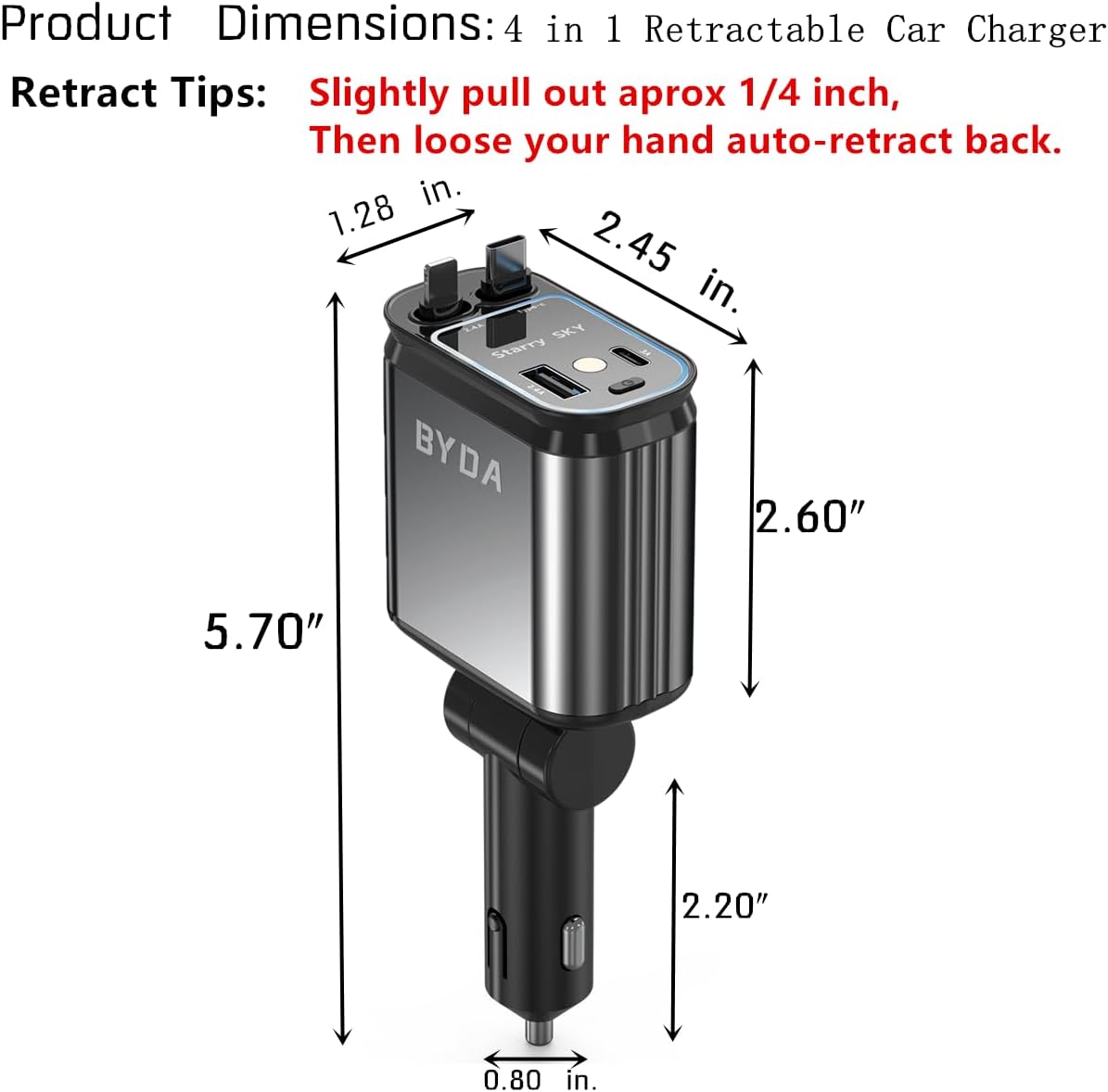 4-in-1 einziehbarer Auto-Ladegerät mit Sternenlicht, 69W USB-C Schnell-Ladegerät, für iPhone 17/16/15/14/13/12/11, Android, Pixel, Zigarettenanzünder-Ladegerät (Lightning+USB-C (Regular))