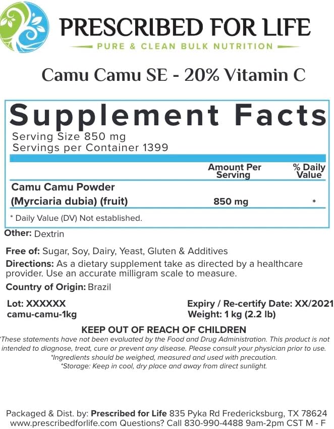 Prescribed For Life Camu Camu Powder | Camu Berry Superfood Fruit Powder for Smoothies | 20% Natural Vitamin C Standardized Extract Powder | Gluten Free, Non-GMO, Soy Free, Sugar Free (5 kg / 11 lb)
