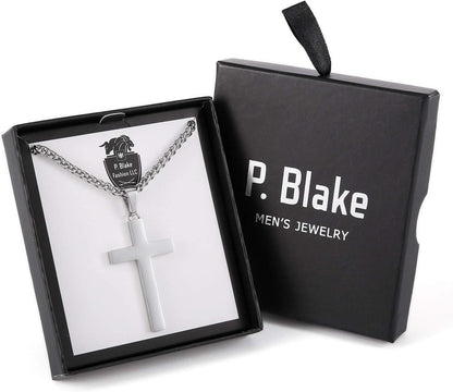 P. Blake Edelstahl Kreuz Anhänger Halskette für Männer Jungen, Christliches Kreuz Anhänger mit 61 cm Kette
