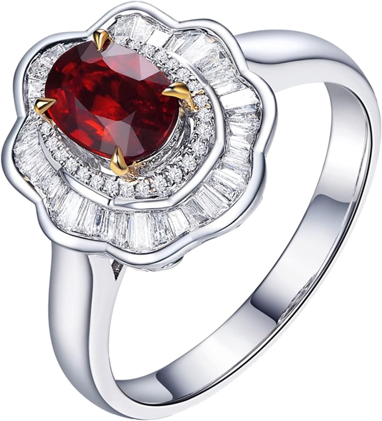 AMDXD 18K White Gold Rings for Girls, Flower Wedding Band for Women Red Ruby 0.76ct with White Diamond Womens Ring, 8, 18K white gold, cubic-zirconia