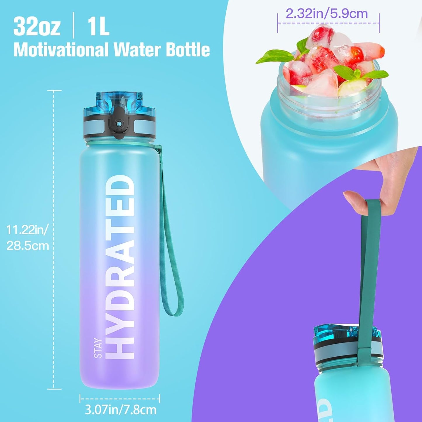 Sahara Sailor Trinkflasche, 950ml Motivations-Sportflasche mit Zeitmarkierung – Trinkzeiten – Tritan, BPA-frei, weite Öffnung auslaufsicher, Fast-Flow-Technologie mit Reinigungsbürste (1 Flasche)