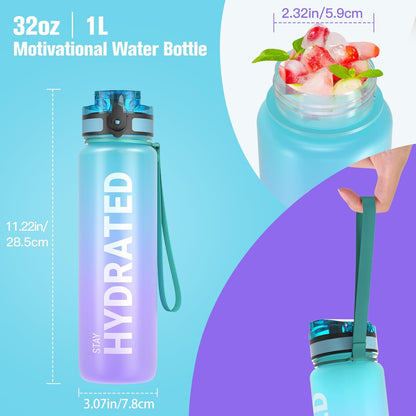 Sahara Sailor Trinkflasche, 950ml Motivations-Sportflasche mit Zeitmarkierung – Trinkzeiten – Tritan, BPA-frei, weite Öffnung auslaufsicher, Fast-Flow-Technologie mit Reinigungsbürste (1 Flasche)