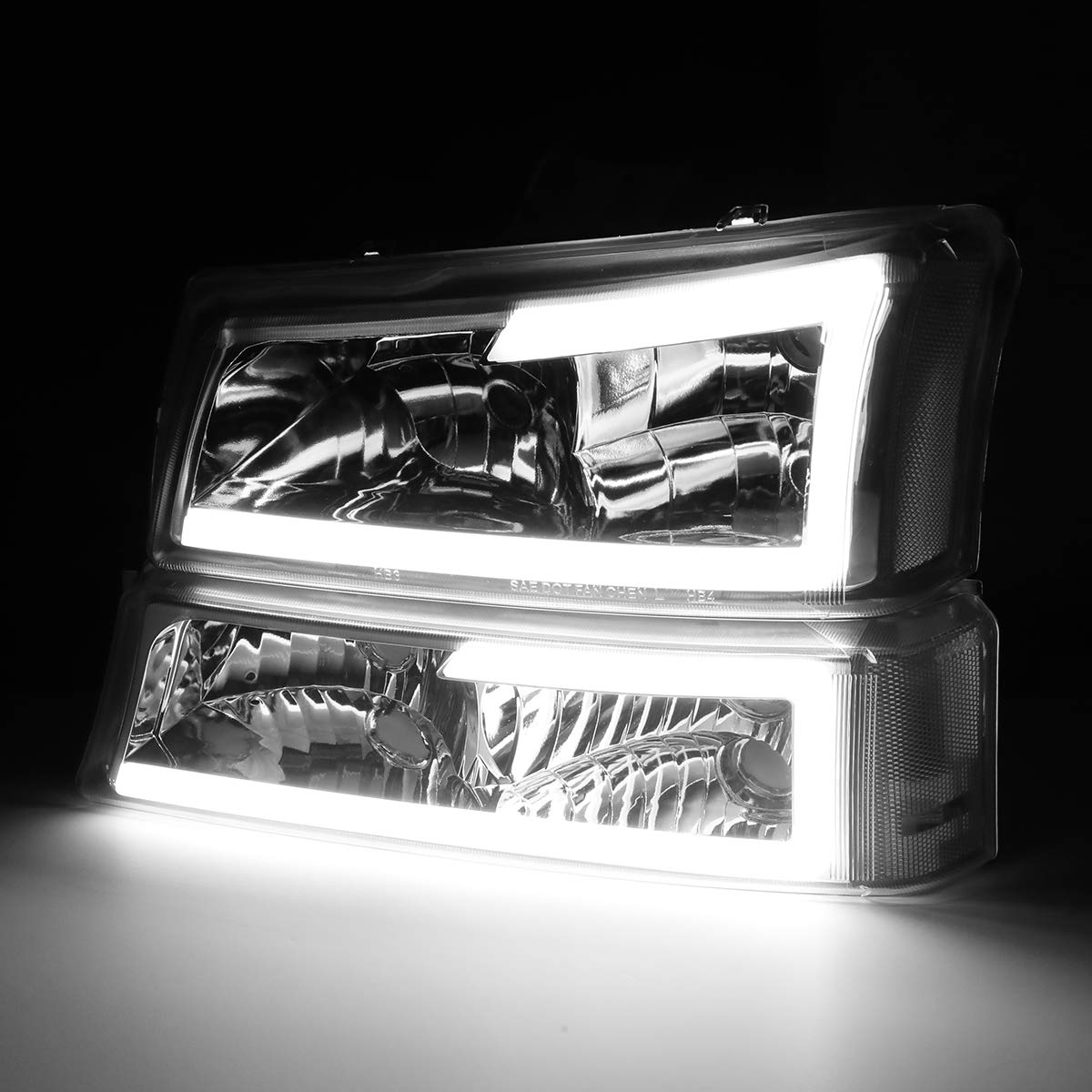 DNA MOTORING HL-LB-CSIL03-BK-CL1 Black Housing 3D LED DRL Headlight Bumper Lamp Set Compatible with 03-06 Silverado 1500-3500 / Avalanche 1500 2500