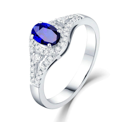 Aienid 18Ct White Gold Womens Ring Custom 0.51Ct Oval Blue Sapphire with White Diamond Wedding Rings for Women