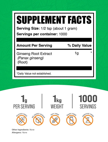 BulkSupplements.com Ginseng Root Extract Powder - Panax Ginseng Supplement, Herbal Supplement - Vegan & Gluten Free, 1g per Serving, 1kg (Pack of 5) (11 lbs)