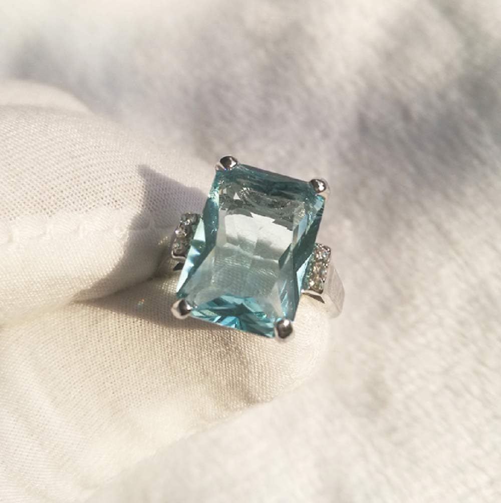 Lzz Vintage Fashion Lady 925 Silver Emerald Cut Blue Aquamarine Gemstone Ring with Diamond Ring Wedding Jewelry Size 5-11, US code 5, Zirconia,Gemstone,Silver, Cubic Zirconia