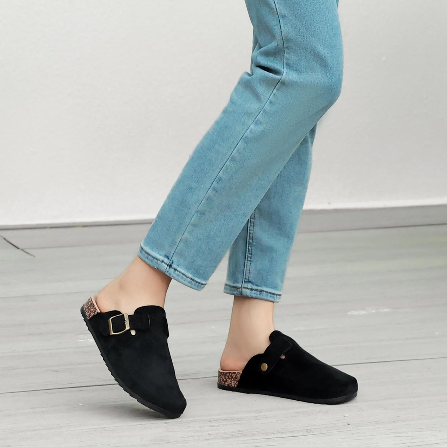 YorFotMae Women's Suede Clogs Mens Leather Mules Comfort Cork Footbed Antislip House Sandals Arch Support Potato Shoes with Adjustable Buckle