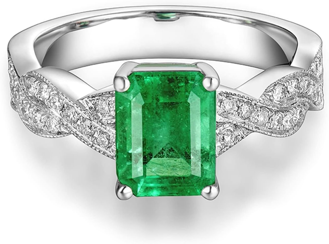 18K White Gold Ring 1.38ct Rectangular Shape Emerald with 0.29ct Diamond Promise Ring for Girls