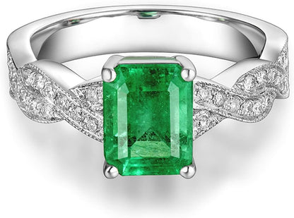 18K White Gold Ring 1.38ct Rectangular Shape Emerald with 0.29ct Diamond Promise Ring for Girls