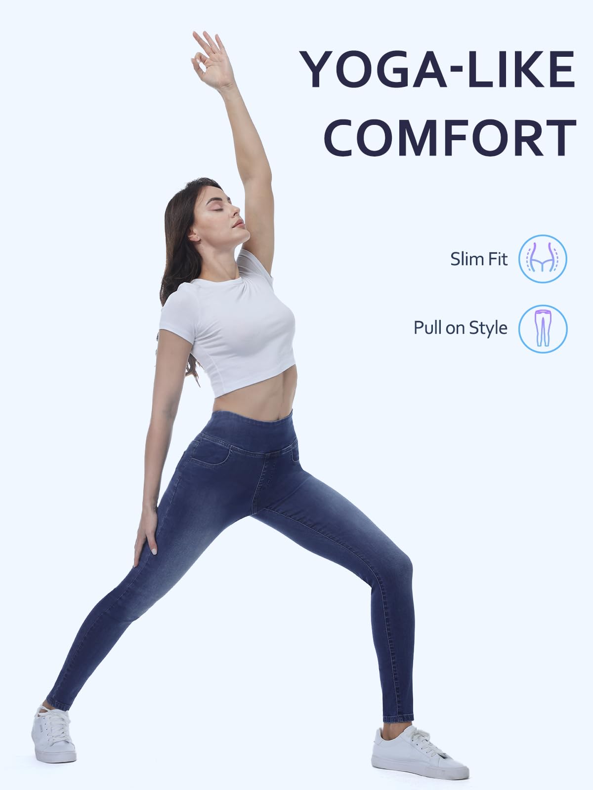 Chasehot Pull-On Skinny Jeans für Damen, dehnbare High-Waist Leggings, trendige Bauchkontrolle, Denim-Jeggings mit Taschen, Dark Wash-L