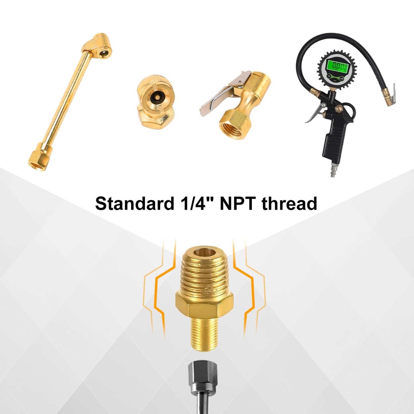 2pcs Brass Air Inflator Adapter, 1/4" NPT (M) to Standard Valve for Schrader (M) Tire Inflator Connector for Auto Tyre Valve Adapter for Presta Air Compressor Portable Air Hose Air Chuck
