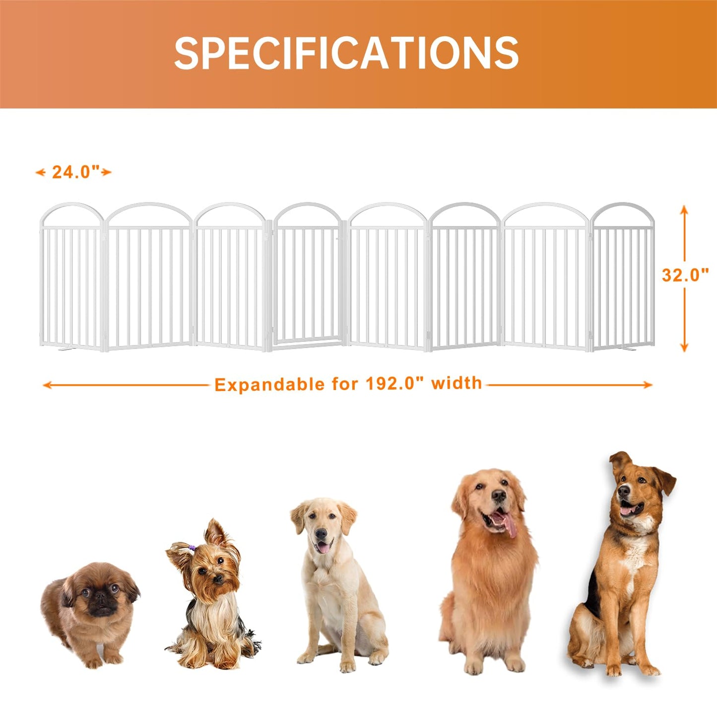 SNUOWU 4 Panels Full Matel Freestanding Dog Gates with Door, 96"Extra Wide 36"Tall Free Standing Dog Pet Gate for Indoor & Outdoor. Foldable Pet Fences for Doorways, House, Stairs, Porch, Deck, Yard