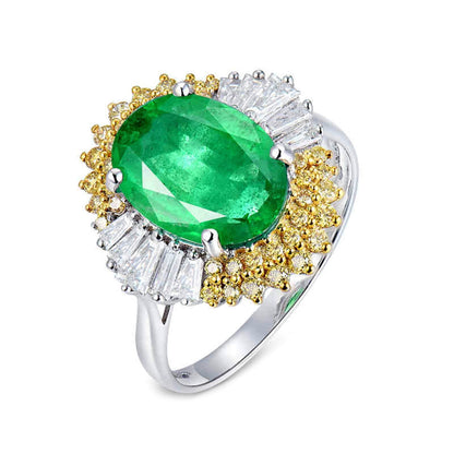 18K White Gold Ring 2.66ct Oval Shape Emerald with 0.74ct Diamond Engagement Rings for Girls