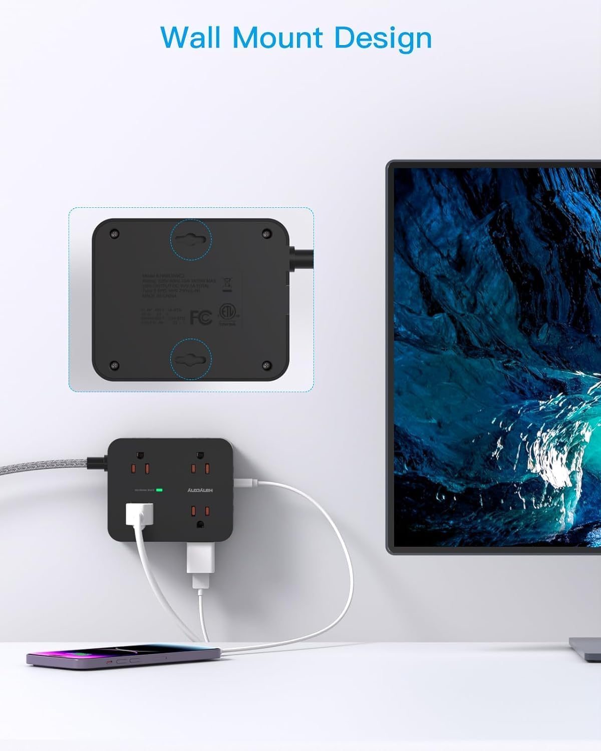 Surge Protector Power Bar - 8 Outlets 4 USB Charging Ports(2 USB C), Power Strip with 5Ft Braided Extension Cord, Flat Plug, Wall Mount Desk USB C Charging Station for Home Office College Essentials