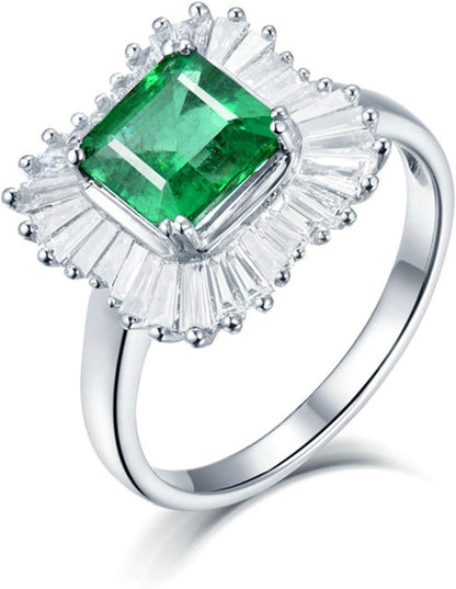 AmDxD White Gold Rings for Women, Anniversary Ring for Wife Halo Ring 1.5ct Emerald with 0.73ct Diamond Birthday Gifts | Valentine Gifts